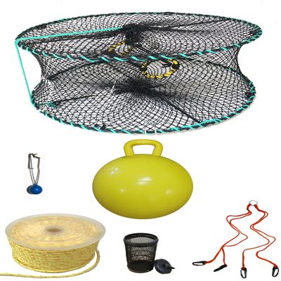KUFA Sports Foldable Prawn Trap (Stretched Mesh Size:1-1/8") with 400' Rope, Yellow Float, Bait Bag & Harness Combo (PRN58+PHPH5)