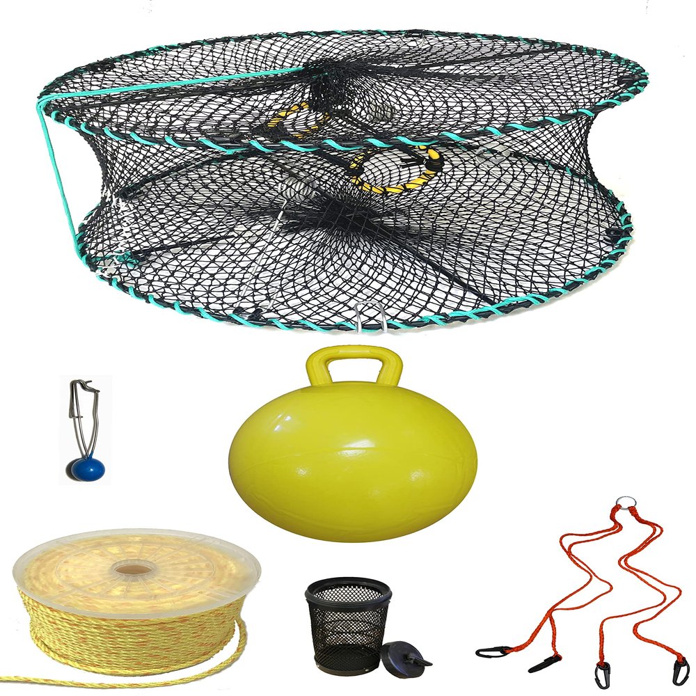 KUFA Sports Foldable Prawn Trap (Stretched Mesh Size:1-1/8") with 400' Rope, Yellow Float, Bait Bag & Harness Combo (PRN58+PHPH5)
