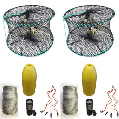 2-Pack of KUFA Sports Foldable Prawn Trap (Stretched Mesh Size:1-1/8") with 400' Rope, Yellow Float, Bait Bag & Harness Combo (PRN58+PHQH3) x2