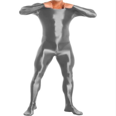 Jugaoge Mens Shiny Oil Round Neck Lingerie Catsuits Footed Stretchy Long Sleeve Bodysuit Swimsuit Dark Grey X-Large