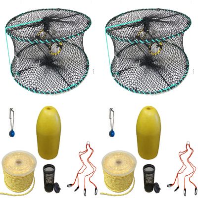 2-Pack of KUFA Sports Foldable Prawn Trap (Stretched Mesh Size:1-1/8") with 400' Rope, Yellow Float, Bait Bag & Harness Combo (PRN58+PHPH1) x2