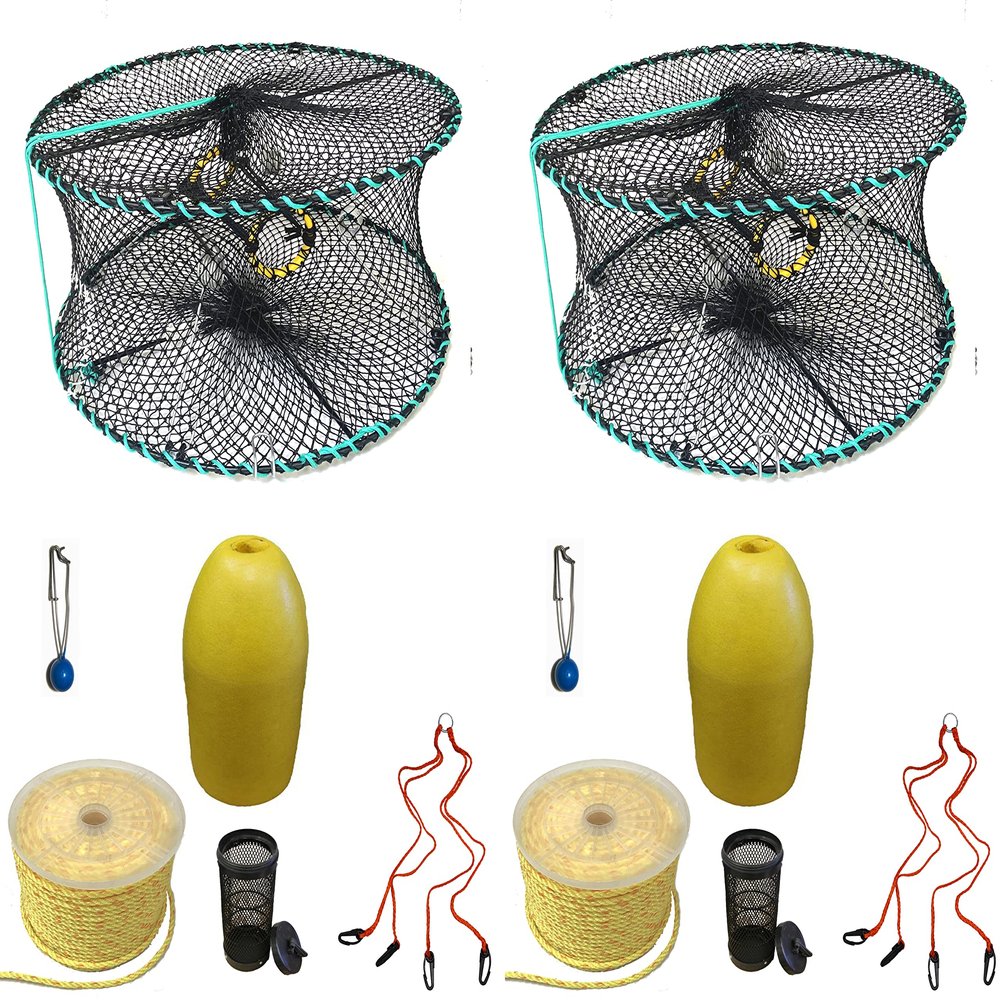 2-Pack of KUFA Sports Foldable Prawn Trap (Stretched Mesh Size:1-1/8") with 400' Rope, Yellow Float, Bait Bag & Harness Combo (PRN58+PHPH1) x2