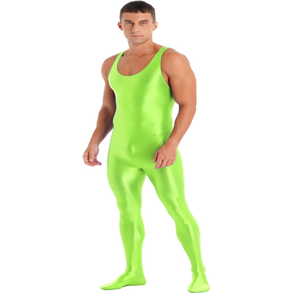 Linjinx Men's Shiny Oil Glossy Body Stocking Footed Dance Tights Night Club Gay Wear Jumpsuits Fluorescent Green X-Large