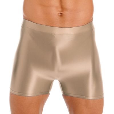 easyforever Mens Shiny Glossy Oily Tight Panties Shorts Trunks Nylon Sheer High Elastic Underwear Coffee X-Large