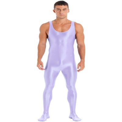 Oyolan Men's Glossy Stretch Shiny Tights Sports Fitness Bodysuit Pantyhose Full Jumpsuits Nightwear Sleeveless Light Purple X-Large