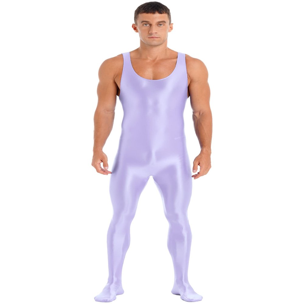 Oyolan Men's Glossy Stretch Shiny Tights Sports Fitness Bodysuit Pantyhose Full Jumpsuits Nightwear Sleeveless Light Purple X-Large