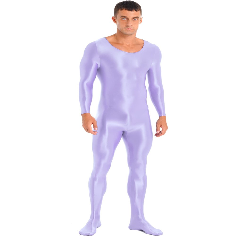 Oyolan Men's Glossy Stretch Shiny Tights Sports Fitness Bodysuit Pantyhose Full Jumpsuits Nightwear Light Purple X-Large