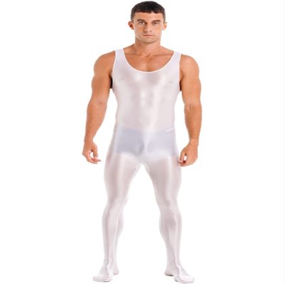 Oyolan Men's Glossy Stretch Shiny Tights Sports Fitness Bodysuit Pantyhose Full Jumpsuits Nightwear Sleeveless White Medium