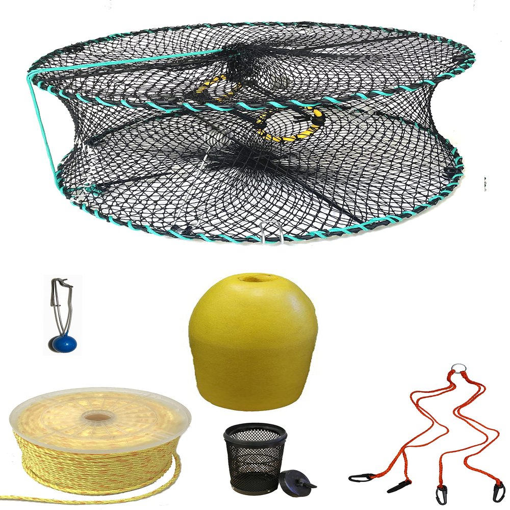 KUFA Sports Foldable Prawn Trap (Stretched Mesh Size:1-1/8") with 400' Rope, Yellow Float, Bait Bag & Harness Combo (PRN58+PHPH1)