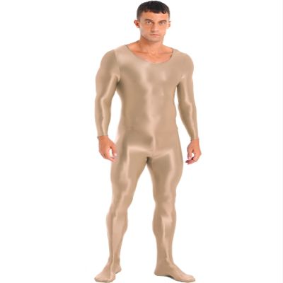 Oyolan Men's Glossy Stretch Shiny Tights Sports Fitness Bodysuit Pantyhose Full Jumpsuits Nightwear Coffee X-Large