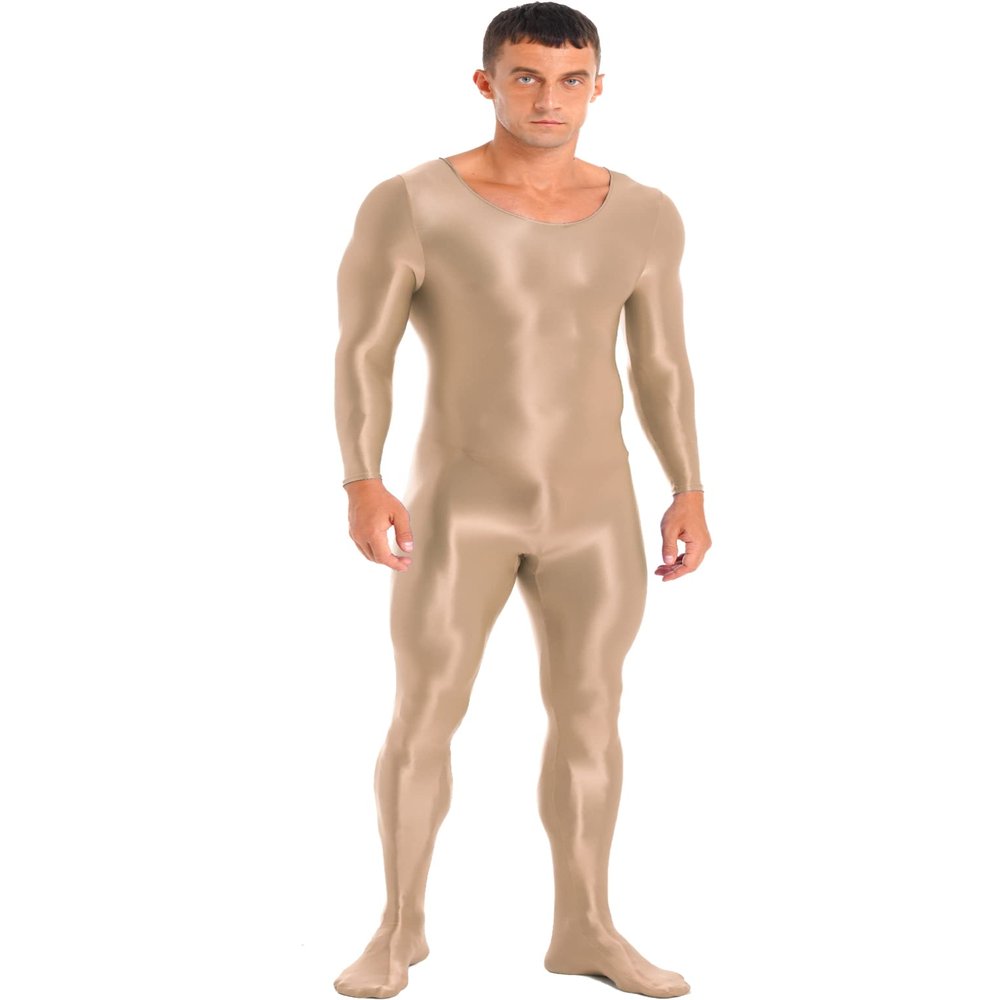 Oyolan Men's Glossy Stretch Shiny Tights Sports Fitness Bodysuit Pantyhose Full Jumpsuits Nightwear Coffee X-Large