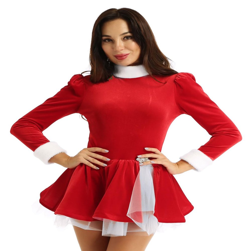 Huimingda Womens Velvet Christmas Figure Ice Skating Dance Leotard Dress Xmas Santa Claus Fancy Dress Up Red X-Large