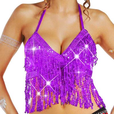 Nicute Sequin Fringe Top Silver Sparkly Tassel Bra Rave Belly Dance Top for Women (Purple)