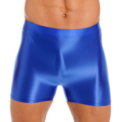 easyforever Mens Shiny Glossy Oily Tight Panties Shorts Trunks Nylon Sheer High Elastic Underwear Blue X-Large