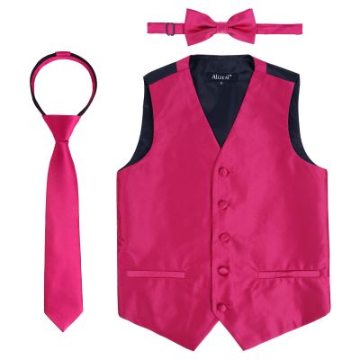 Alizeal Boys 3pcs Classic Solid Bow Tie, Necktie and Suit Vest Set, Rose Red, Size 8