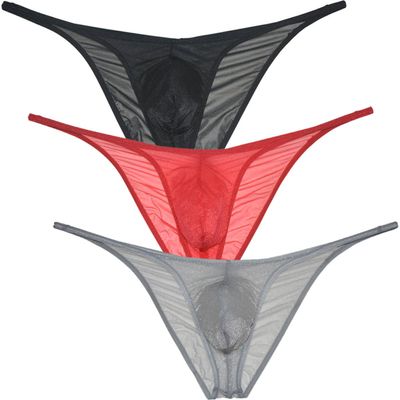 Mens Shiny Mesh Ruched Bikini Briefs Underwear Sheer Cheeky Briefs Contour Pouch Bottoms Pucker Back Pants 3-Pack(Black,Red,Light Grey) L