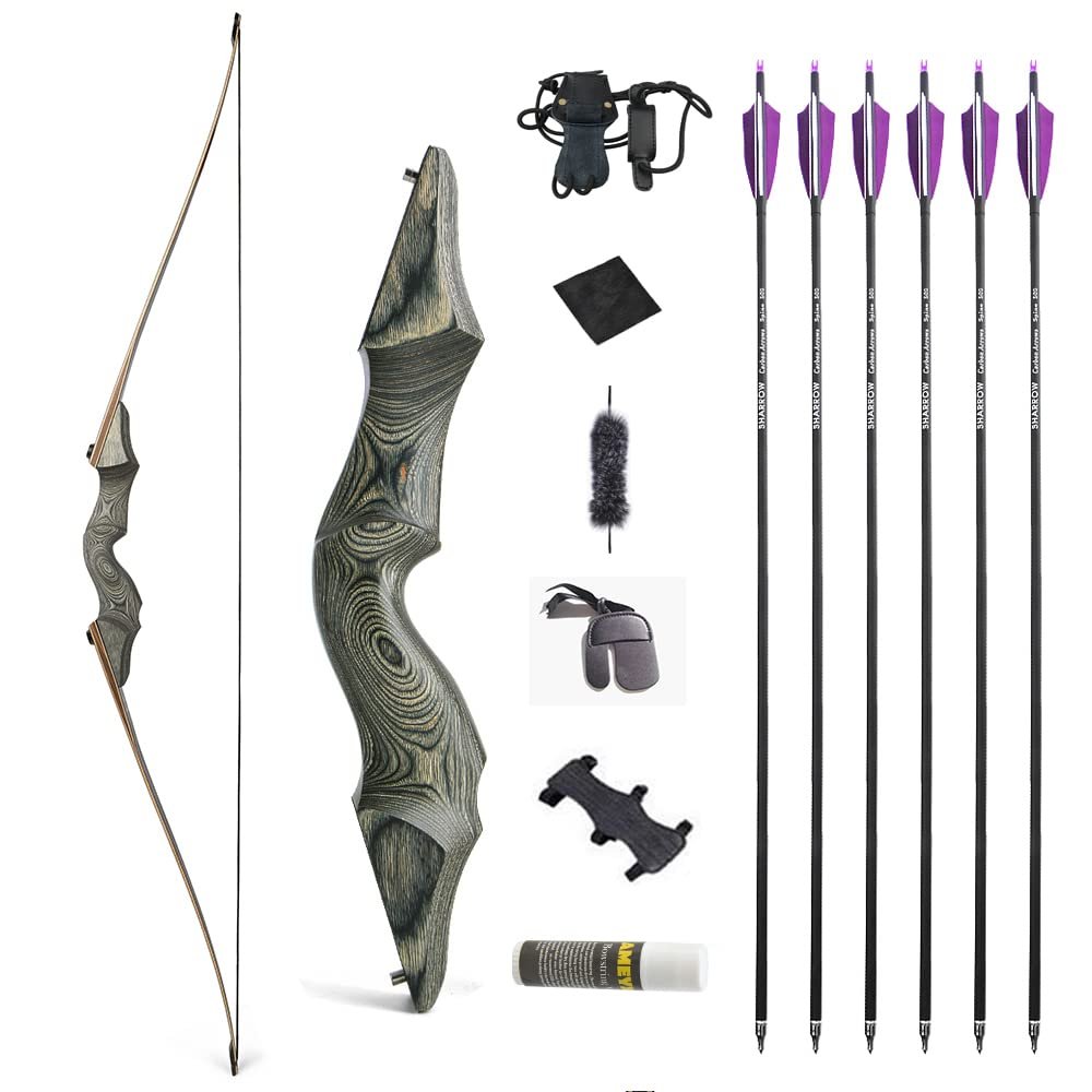 60 Inch Black Hunter Takedown Longbow 20-60lbs Traditional Wood Longbow with Bamboo Core Limbs Right/Left Handed American Hunting Longbow for Outdoor Hunting Shooting (50 Lbs, Black kit/Right Handed)