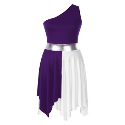 FEESHOW Women's Asymmetrical Praise Dance Tunic Sleeveless Color Block Liturgical Worship Dance Dress One Shoulder Purple Medium