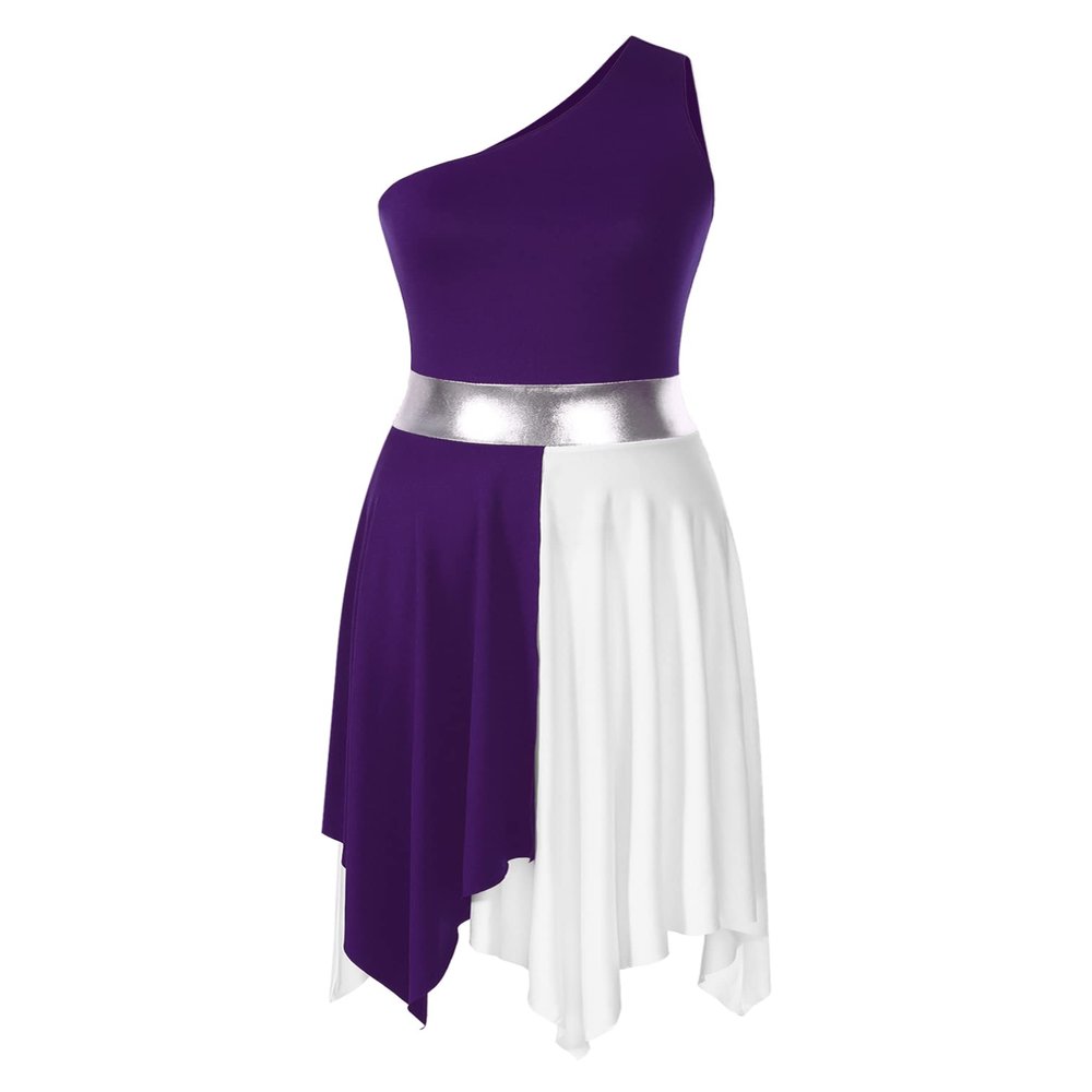 FEESHOW Women's Asymmetrical Praise Dance Tunic Sleeveless Color Block Liturgical Worship Dance Dress One Shoulder Purple Medium