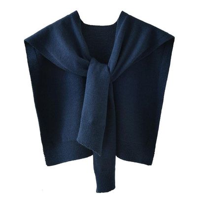 Women Shrugs Candy Color Knitted Wrap Top Cuff Shoulder Shawls Fashion All-Match Students Cropped Tops Elegant Scarf Cape Navy Blue One Size