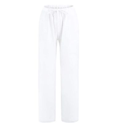 DGHM-JLMY Women's Linen Solid Color Casual Pants Wide Leg Drawstring Casual Flowy Pants Elastic Comfy Trousers with Pockets (White,Medium,5,OZ)