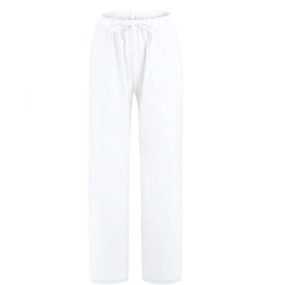 DGHM-JLMY Women's Linen Solid Color Casual Pants Wide Leg Drawstring Casual Flowy Pants Elastic Comfy Trousers with Pockets (White,Medium,5,OZ)