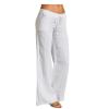 DGHM-JLMY Women's Linen Solid Color Casual Pants Wide Leg Drawstring Casual Flowy Pants Elastic Comfy Trousers with Pockets (White,Medium,5,OZ) view 2