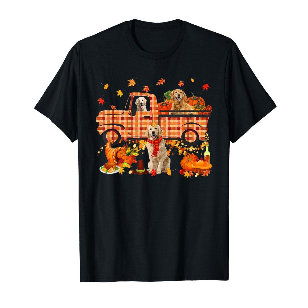 Golden Retriever With Red Plaid Truck Thanksgiving Autumn T-Shirt