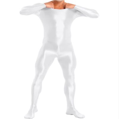 Jhaoyu Men Glossy Zentai Full Body Skin-Tight Bodysuit Costume Lingerie Unitard Shapewear Jumpsuit White X-Large