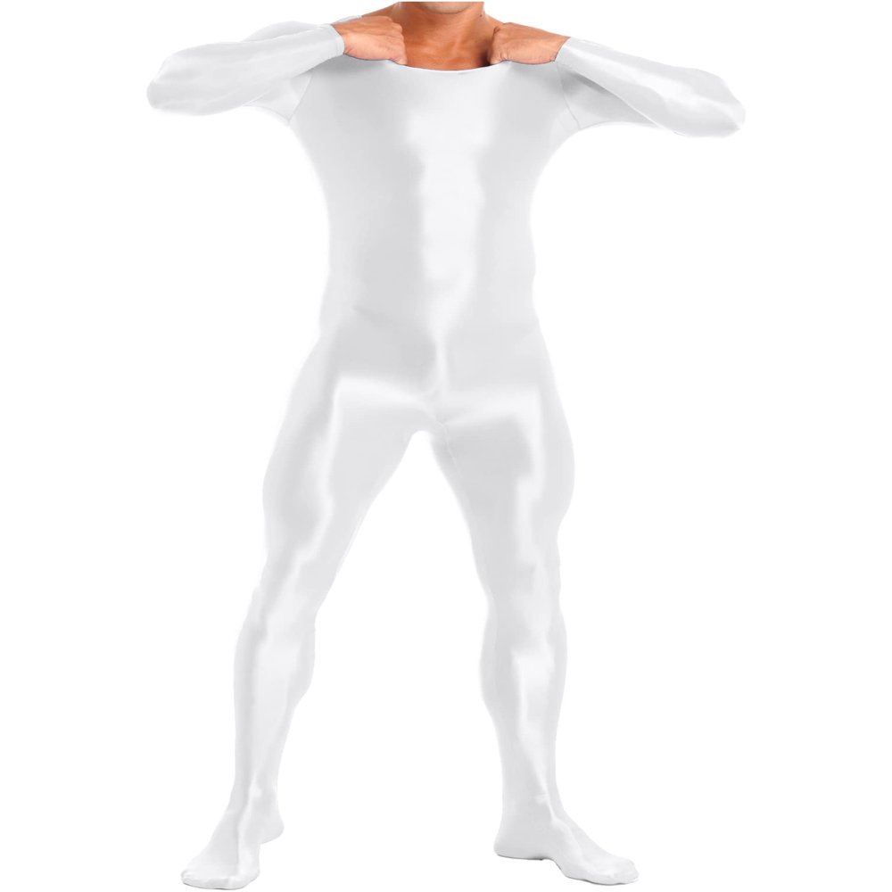 Jhaoyu Men Glossy Zentai Full Body Skin-Tight Bodysuit Costume Lingerie Unitard Shapewear Jumpsuit White X-Large