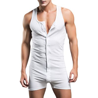 Maiyifu-GJ Men Sleeveless Button Front Shorts Romper Stretchy Workout Bodysuit Tights Leotard One Piece Bodywear Undershirt (White,XX-Large)