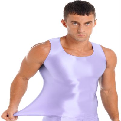 Freebily Men's Glossy Silky Tank Top High Elastic Stretchy Sleeveless Oily Vest Sportswear Tight Tops Purple X-Large