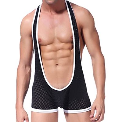 Mens Mesh Wrestling Singlet Bodysuit One Piece Suspender Mankini Leotard Breathable Jockstrap Jumpsuit Underwear (Black,Small)