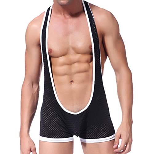 Mens Mesh Wrestling Singlet Bodysuit One Piece Suspender Mankini Leotard Breathable Jockstrap Jumpsuit Underwear (Black,Small)