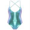 FEESHOW Women's Metallic Camisole Dance Leotard Bodysuit One Piece Deep V Swimsuit Colorful Purple Large view 1