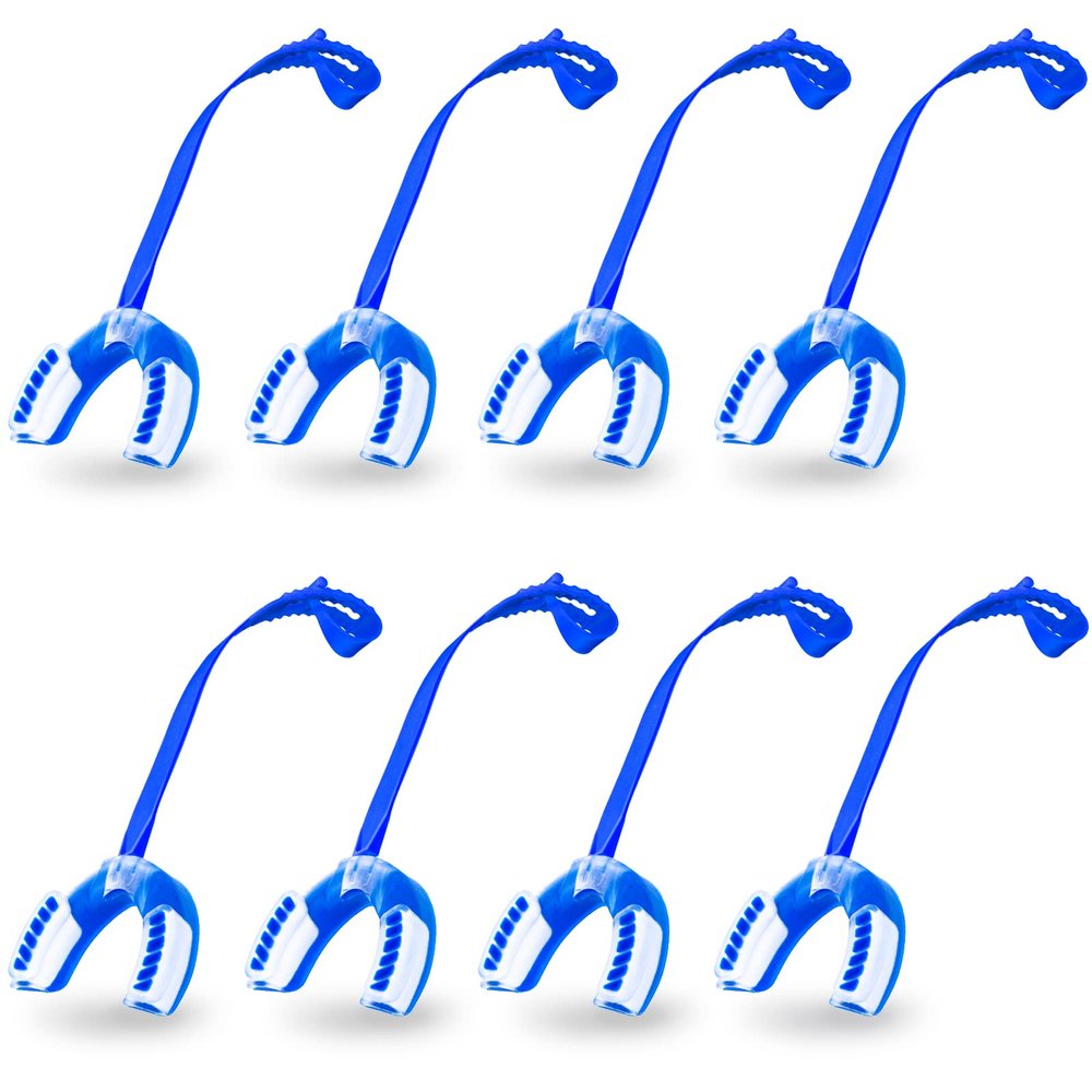 TOODOO 8 Pcs Youth Football Mouth Guard with Strap Soft Sports Mouth Guard Sport Mouthpiece Lip Guard 2.56 x 2 x 0.8 Inch for Basketball, Lacrosse, Hockey, Adult MMA, Rugby, Boxing(Blue, White)