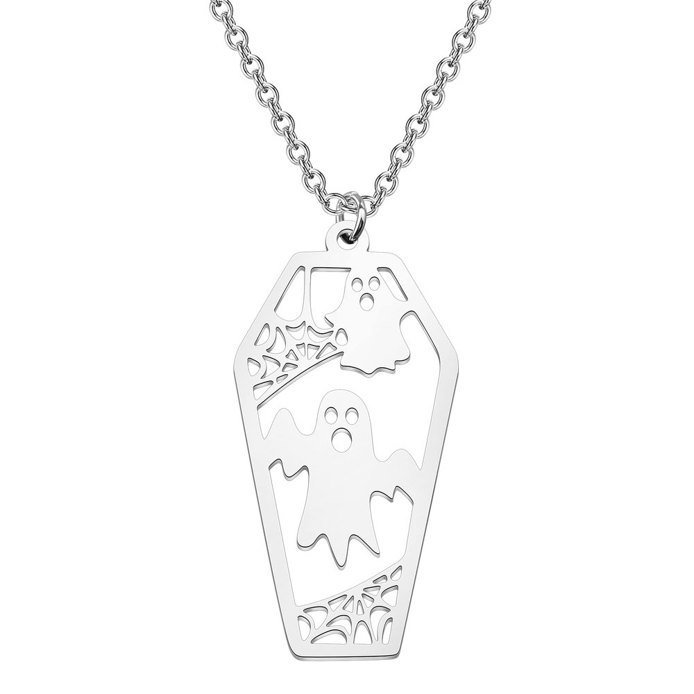 CENWA Stainless Steel Ghost Coffin Charm Pendant Necklace Spooky Halloween Charms Halloween Jewelry (Ghost Coffin N2)
