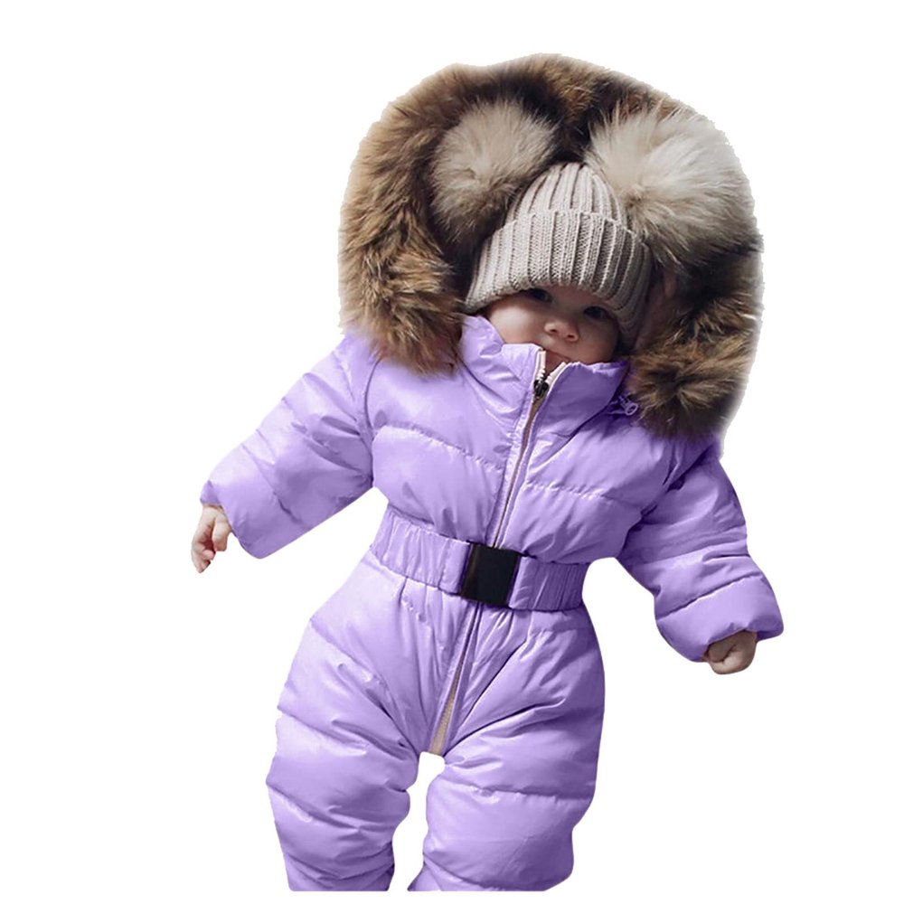 EnJoCho Kids Snow Wear Windproof Outerwear Hooded Coat Jacket Girls Infant Warm Snowsuit Baby Jumpsuit (Purple, 12-18 Months)