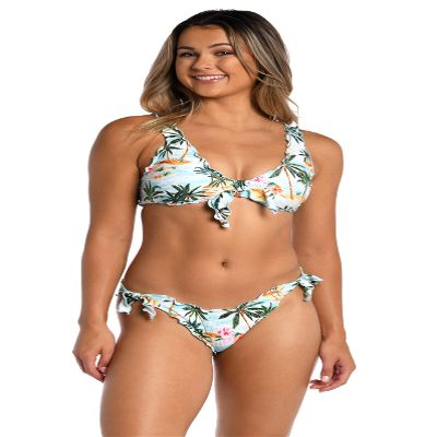 Hobie Women's Ruffle Bralette Bikini Swimsuit Top, Multi//Destination Vacation, M