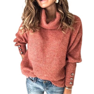LSCZSLYH Winter Plus Size Pullover Sweater Women Knitted Tops Button Boho Long Sleeve Solid Sweaters Pullovers (Color : Coral Red, Size : XL)