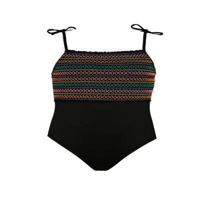 Hobie Girls' One Piece Swimsuit, Black//Smocked Solids, 10