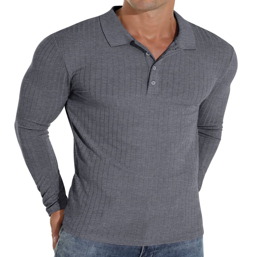Askdeer Men's Polo Shirts Long Sleeve Slim Fit Casual Shirts Classic Stretch Polo T Shirt Golf Shirts Dark Gray