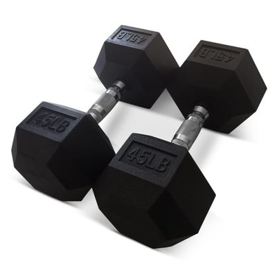 HolaHatha 2-Pack Hexagonal Rubber Dumbbell Weights Set, Home Gym Equipment, 45 Lbs, Black - Portable Weighted Exercise Dumbbells for Fitness, Training, and Lifting Workouts