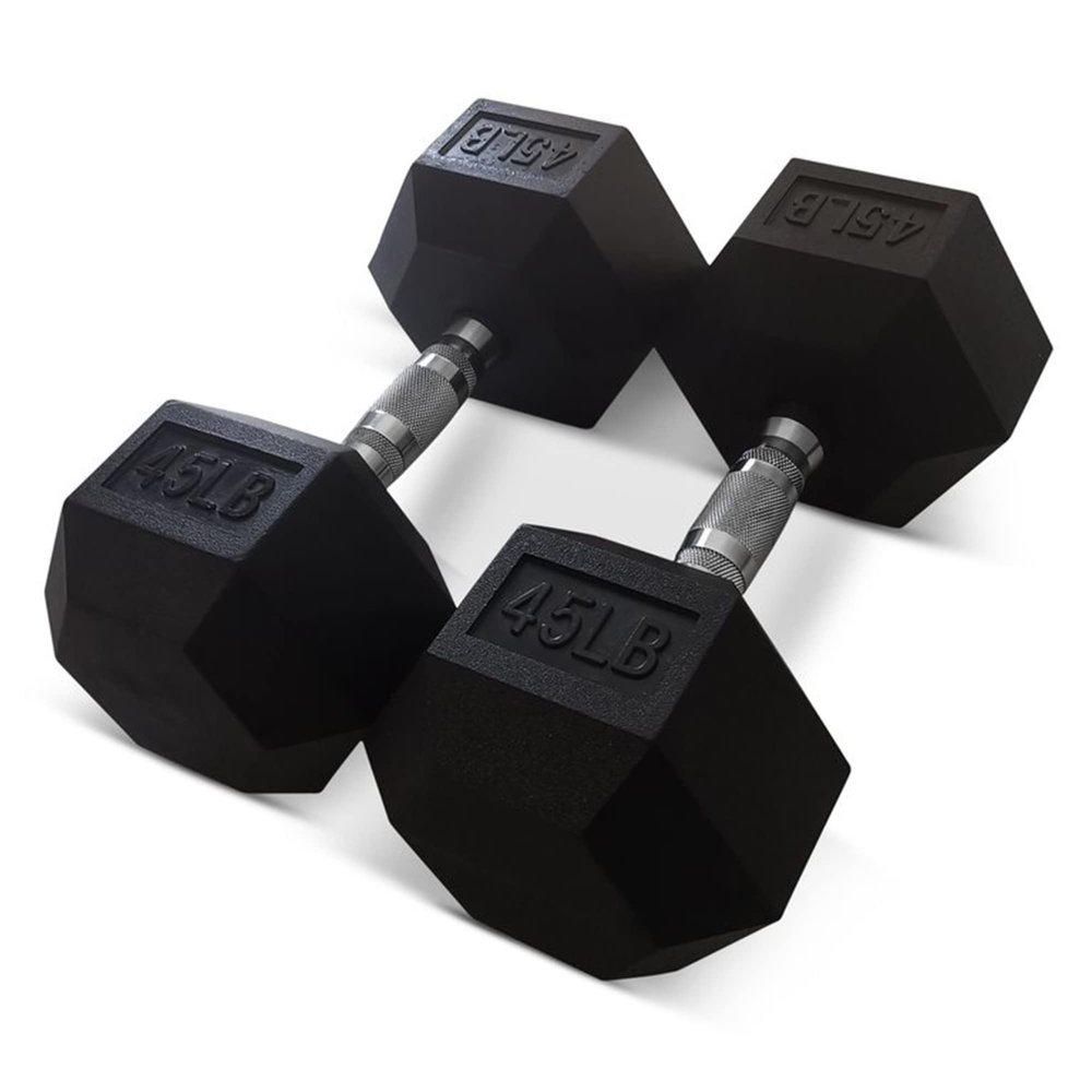 HolaHatha 2-Pack Hexagonal Rubber Dumbbell Weights Set, Home Gym Equipment, 45 Lbs, Black - Portable Weighted Exercise Dumbbells for Fitness, Training, and Lifting Workouts