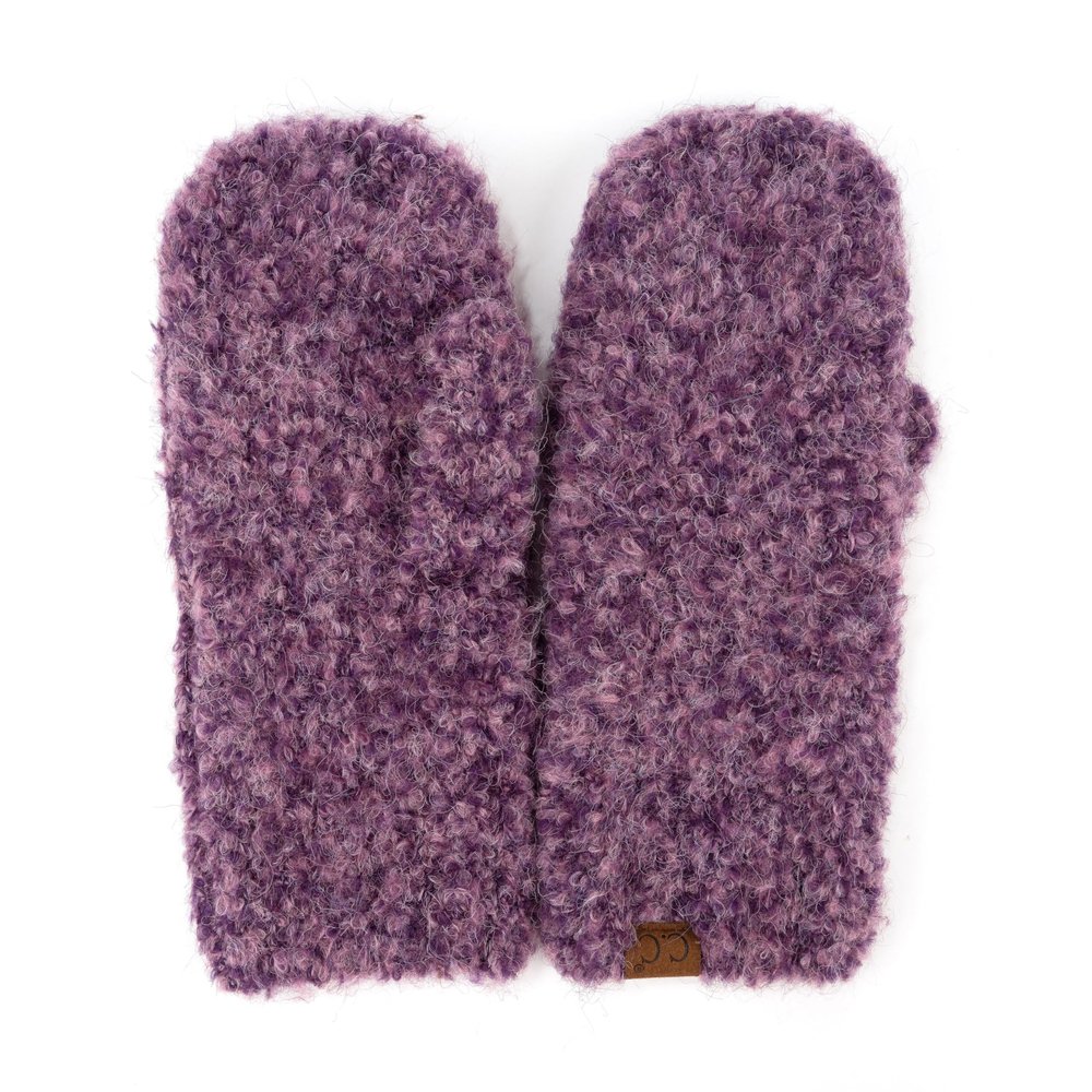 C.C Super Thick Warm Winter Knitted Mittens Gloves (Recycled Non Lined Boucle Purple), One Size