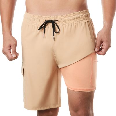 BRISIRA Mens Swim Trunks Bathing Suit 9 Inch Inseam Compression Liner Beach Long Board Shorts Swimsuit Anti-Chafe Quick Dry Khaki