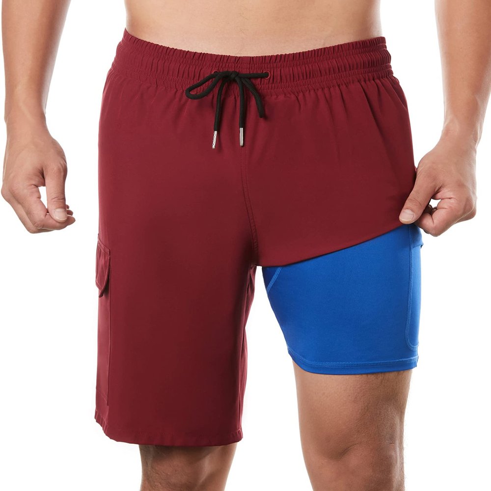 BRISIRA Mens Swim Trunks Bathing Suit 9 Inch Inseam Compression Liner Beach Long Board Shorts Swimsuit Anti-Chafe Quick Dry WineRed