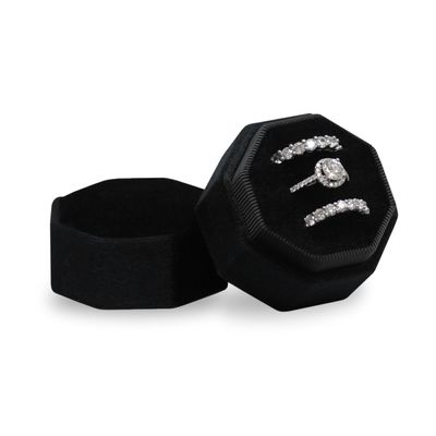BLUTETE Velvet 3 Slots Jewelry Ring Box Engagement Wedding Box Keepsake Box Bridal Photo Ring Triple Slots Octagon (Black)