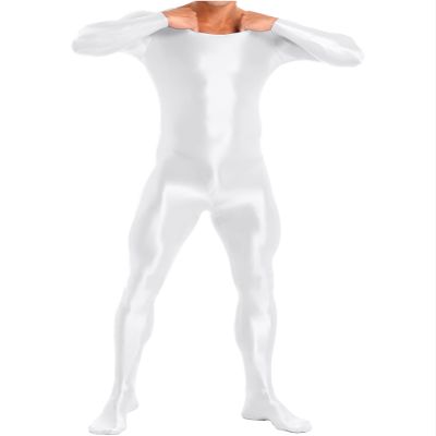 FEESHOW Mens Zentai Lingerie Glossy Bodysuit Long Sleeves Bodystocking Full Length Leotard Jumpsuit White X-Large