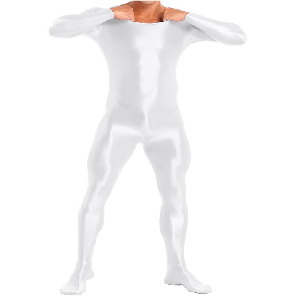FEESHOW Mens Zentai Lingerie Glossy Bodysuit Long Sleeves Bodystocking Full Length Leotard Jumpsuit White X-Large
